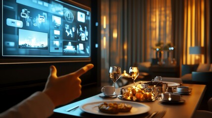 A cozy dining setup with a hand pointing at a smart screen, showcasing modern technology in a warm, intimate atmosphere.