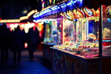 Obraz premium Night market stalls illuminated with colorful lights and treats.