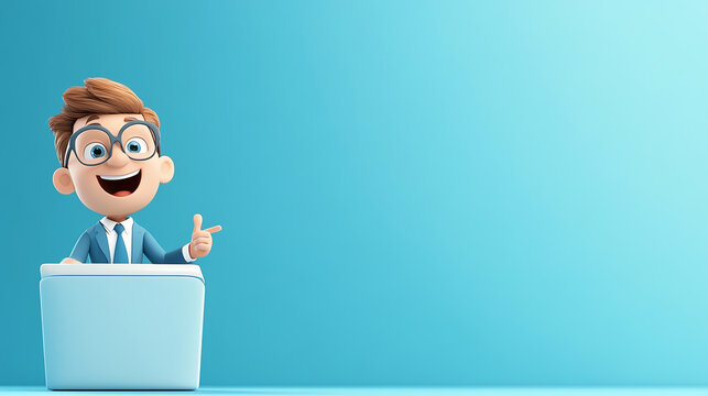 Cheerful cartoon character in suit presenting an idea with enthusiasm against a light blue background.