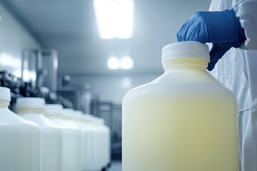 Laboratory setting with a person handling a large container.