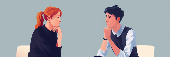 Pause in Conversation: Two people in a deep discussion, both taking a moment to think before continuing, highlighting the importance of thoughtful communication.