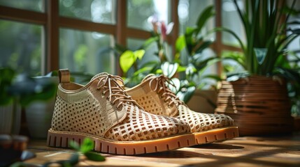 Fototapeta premium Beige Perforated Leather Shoes On Wooden Table.