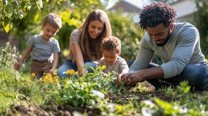 A multicultural family is organizing their backyard. Everyone helps create a clean and inviting space.