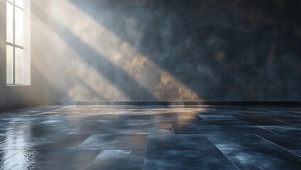Empty Room with Sun Light Through Window on Grey Concrete Wall