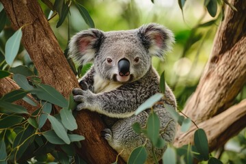 Fototapeta premium A cute koala resting on a tree branch surrounded by green leaves. This charming marsupial symbolizes Australia’s wildlife and natural beauty. Generative AI