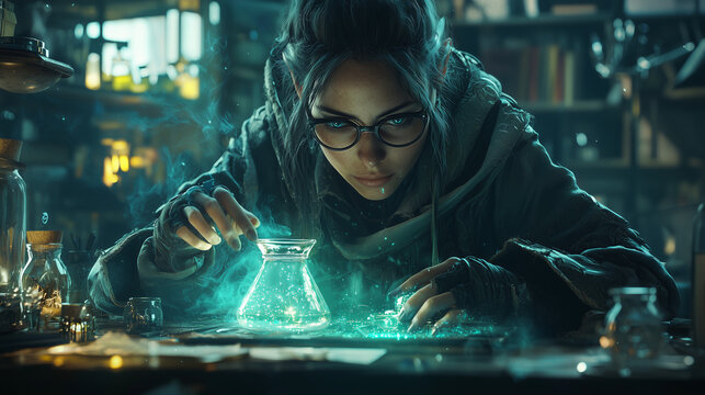 determined human alchemist conducting a complex experiment with glowing green liquid in a cluttered laboratory, intense focus and mystical atmosphere
