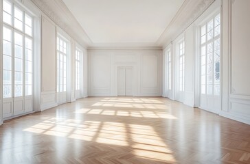 Obraz premium Empty White Room with Large Windows and Sunlight on Wooden Floor.