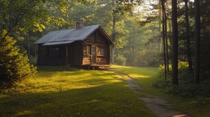 A rustic wooden cabin nestled in a lush forest, bathed in warm sunlight. The path leading to the cabin is lined with tall trees, creating a sense of tranquility and seclusion.