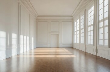 Obraz premium Empty White Room With Wooden Floor And Sunlight Streaming Through Windows.