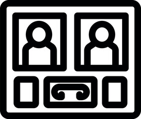 Simple black and white icon of a video conference interface showing two people having an online meeting