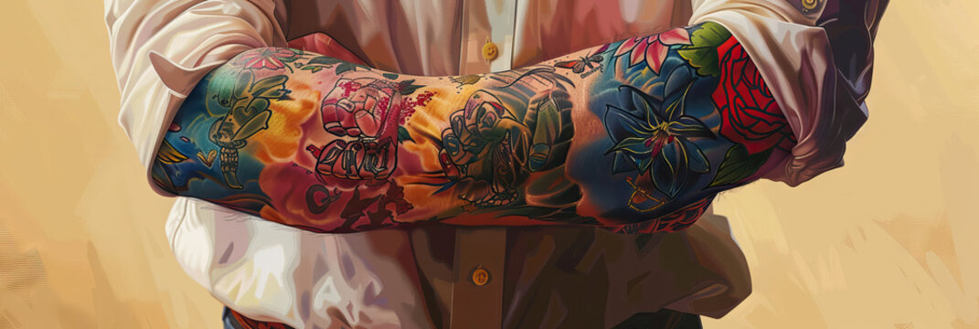 Ink and Identity: A person proudly displaying a full sleeve of intricate tattoos, each design telling a unique story about their life and beliefs.