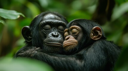 Two chimpanzees embrace tenderly with eyes closed amidst dense greenery, capturing an intimate moment of affection perfect for themes of love, wildlife, or family bonds,