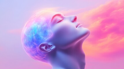 A woman's head is shown with a blue and purple brain