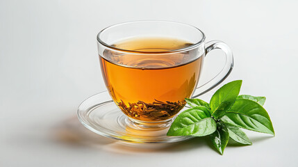 A clear glass cup filled with black tea on a saucer, accompanied by fresh green tea leaves, set against a white background.

