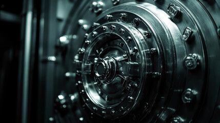 A close-up of a robust, circular metal vault door, showcasing intricate bolts and mechanisms, ideal for use in security, finance, or technology publications emphasizing safety and protection,