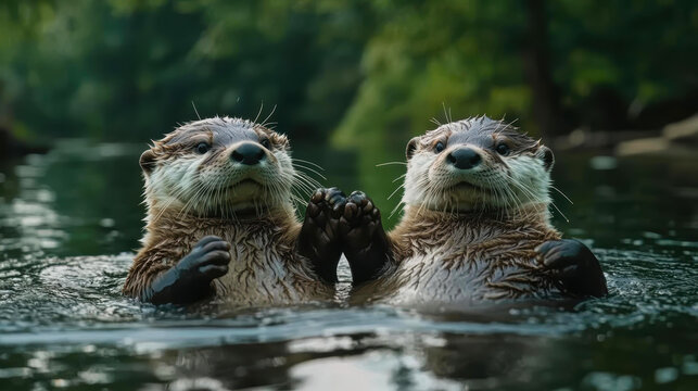 Two otters holding hands in the water, looking directly at the camera with a lush, green forest background perfect for wildlife, nature, and environmental projects