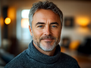 Obraz premium A man with a beard and gray hair is smiling at the camera