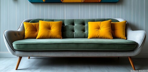 Green Sofa with Yellow Cushions in Living Room