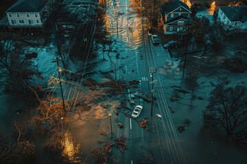 Aerial View of Flooded City Streets at Dusk with Fallen Trees and Submerged Cars - Disaster Recovery