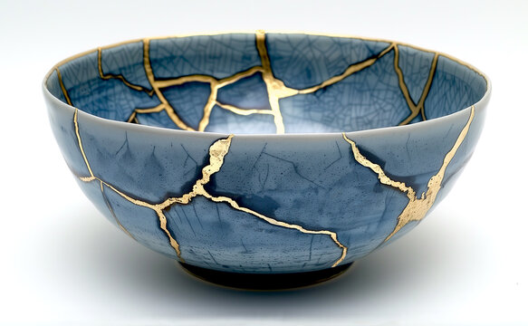 An antique blue ceramic bowl, restored using the Japanese kintsugi technique. Bonding and healing broken pieces of dishes with gold. New life for old things. Zero waste life.