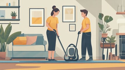 Fototapeta premium A couple working together to clean their living room, one vacuuming while the other dusts