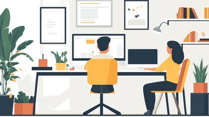 A man and woman are sitting at a desk with a computer monitor in front of them