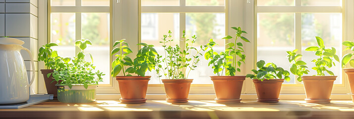 Kitchen Herb Haven: A sunlit kitchen with fresh herbs growing in pots on the windowsill, ready to be snipped and added to home-cooked meals.