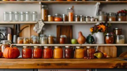 Warm and Inviting Kitchen Counter Displaying Fresh Preserves and Seasonal Decor