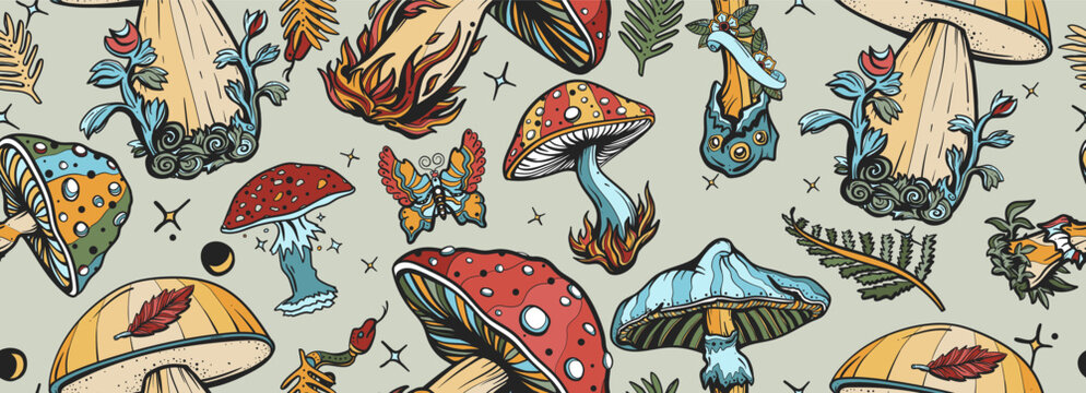 Mushrooms. Fly agaric, mushroom grebes, boletus. Old school tattoo vector seamless pattern. Autumn forest. Fall background