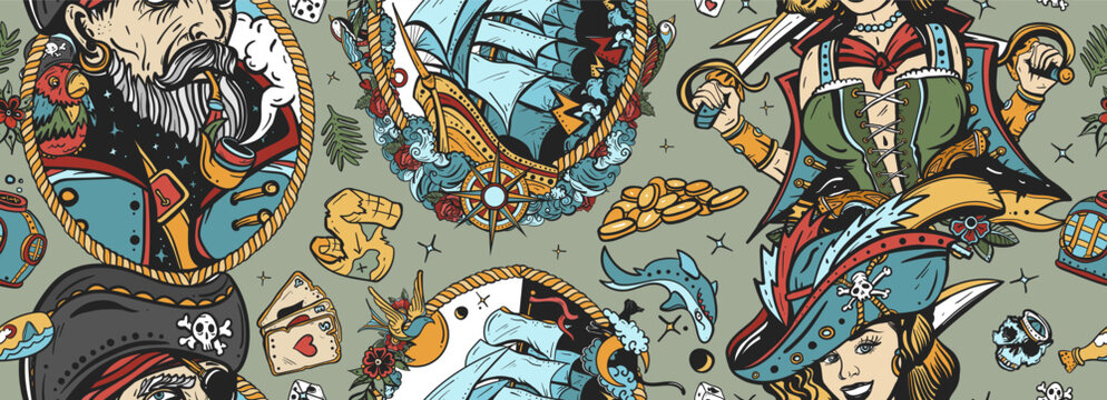 Pirates. Seamless pattern. Sea adventure background. Caribbean robbers. Captain, parrot, ship in storm, girl filibuster, compass, anchor, treasure island. Traditional tattooing style