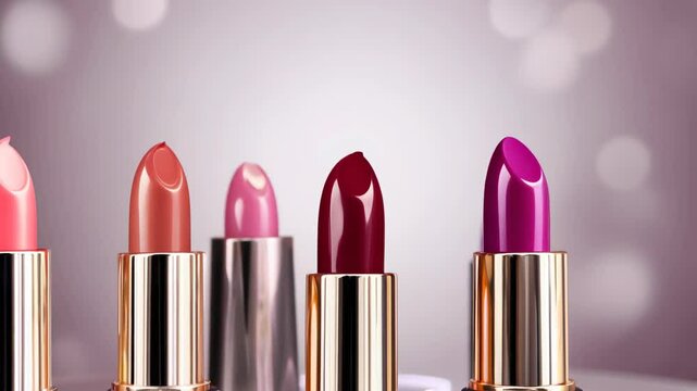 Set of different lipsticks on a plain background, Concept: cosmetics for makeup