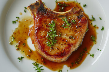 Grilled pork chop with fresh herbs and savory sauce on a white plate