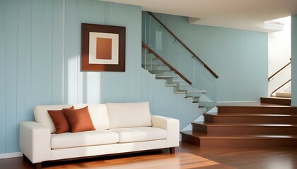 Interior mockup In a white room a blue sofa is placed next to a photo frame on the wall