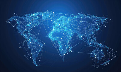 A low-poly map of the world. A grid of lines and points. Blue background.