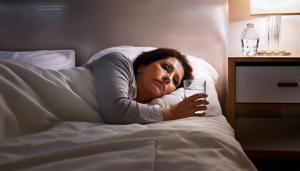 People suffering from insomnia. Menopause and midlife syndrome concept. Woman drinking water in bed at night and suffering from insomnia