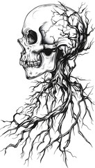 Skull and Tree Roots black and white illustration