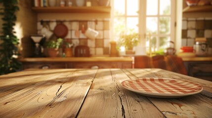 Rustic Kitchen Morning: A Cozy Scene of an Empty Plate on a Wooden Table with a Checkered Cloth, Overlooking a Sunlit, Blurred Window View