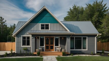 Obraz premium A unique modern cottage house with a gray exterior and teal door, featuring charming curb appeal and stylish hardy board siding.