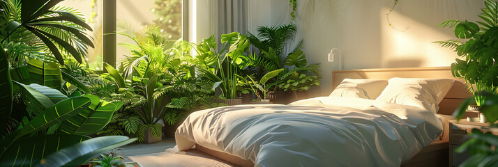Homegrown Serenity: A bedroom filled with calming, leafy plants, promoting a restful atmosphere and improving air quality for better sleep.
