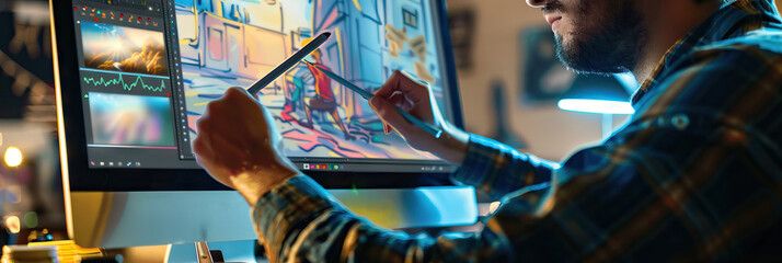 Digital Canvas Creation: An artist sketching directly onto a computer screen with a stylus, showcasing the process of creating digital art from concept to completion.