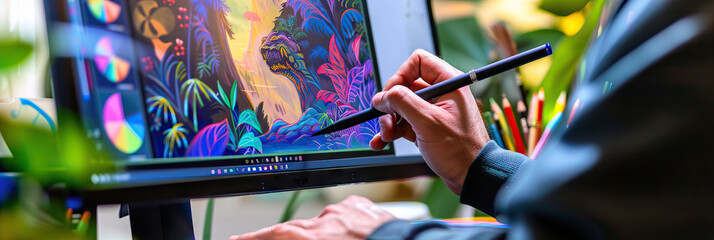 Digital Canvas Creation: An artist sketching directly onto a computer screen with a stylus, showcasing the process of creating digital art from concept to completion.