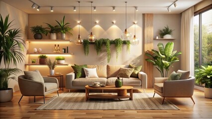 Cozy Minimalist Haven glowing warm golden lighting soft beige walls modern sleek furniture lush greenery natural textures warm whites inviting cinematic tone