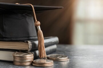 Educational investment: Cost of higher education depicted with graduation cap, books stack of coins, financial commitment of tuition fees, potential for future earnings through academic achievement.