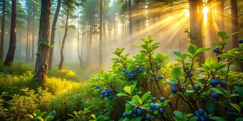 Obraz premium Dappled morning light filtering through dense canopy misty atmosphere scattered blueberry bushes lush green foliage warm earthy tones intimate serene mysterious untamed natural wonder.