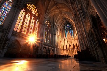 A breathtaking view of a Gothic cathedral's interior featuring magnificent stained glass windows illuminated by bright sunlight, enhancing the architectural beauty.