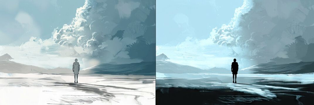 A side-by-side of a rough sketch evolving into a polished digital illustration, highlighting the transformation of ideas through digital tools.