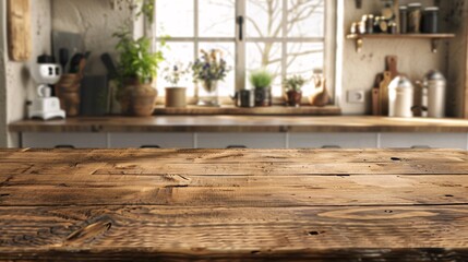 Rustic Wooden Kitchen Table: A Cozy, Sunlit Culinary Space with Vintage Charm and Natural Warmth