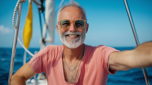 A man wearing a red shirt and sunglasses is smiling and posing for a picture on a boat. Scene is cheerful and relaxed, as the man is enjoying his time on the water
