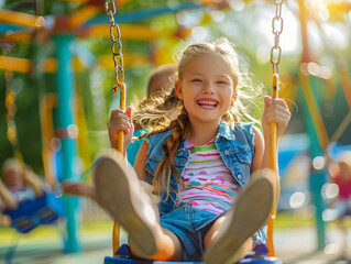 Gl&uuml;ckliche Kinder, die auf einem Spielplatz im Sommer spielen