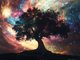 The dark silhouette of a towering tree with glowing branches, set against a swirling, multicolored galaxy, creating a contrast of simplicity and cosmic energy